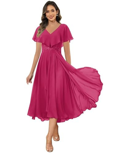 Zqvve Chiffon Mother of The Groom Dresses for Women Fuchsia Tea Length Classy Wedding Guest Dress Size 12 | Amazon (US)