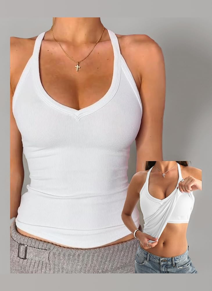 Danysu Racerback Vest Top with Built in Bra Women V-Neck Cotton Rib Basic Long Tanks Y2k Going Ou... | Amazon (UK)