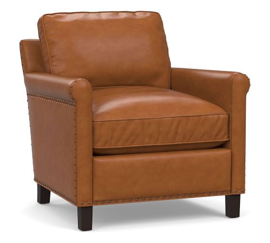 Tyler Roll Arm Leather Armchair with Bronze Nailheads, Down Blend Wrapped Cushions, Signature Maple | Pottery Barn (US)