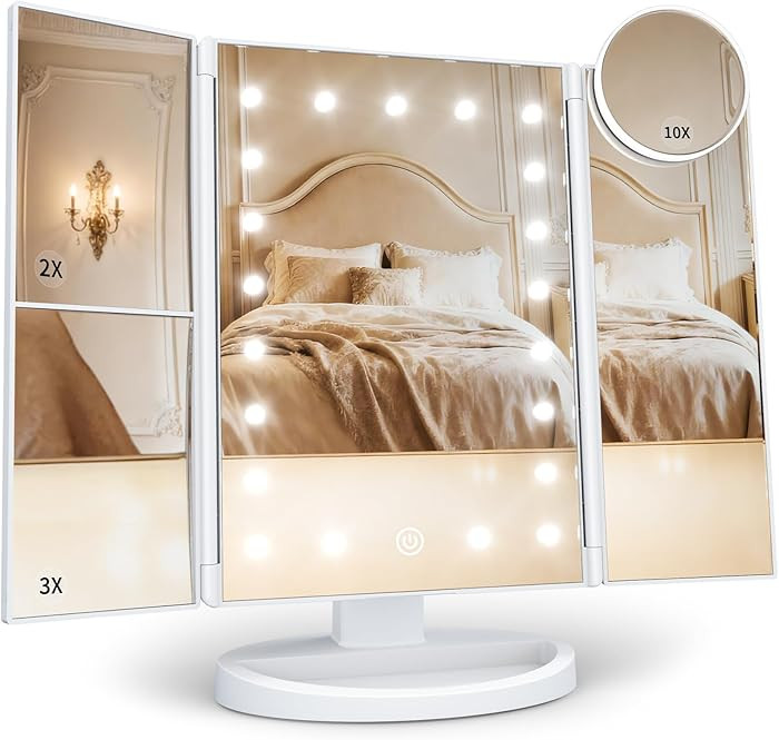 HUONUL Makeup Mirror Vanity with Lights, 2X 3X 10X Magnification, Touch Control, Trifold Mirror, ... | Amazon (US)