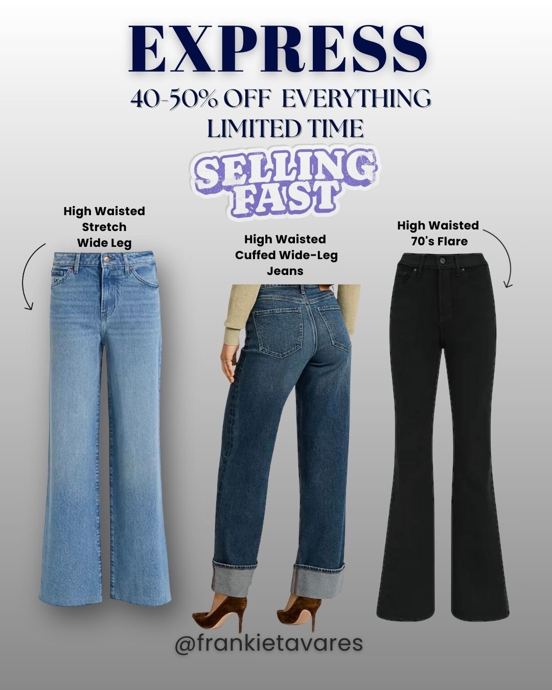 💫 The way I ran to share these deals! Act fast on this limited time deal at EXPRESS
40-50% OFF EVERYTHING 
Jeans 👖 available in sizes 0-16 in most styles in short, regular, and long lengths. 
#express #salealert #frankietavares 


#LTKSaleAlert #LTKFindsUnder100 #LTKGiftGuide
