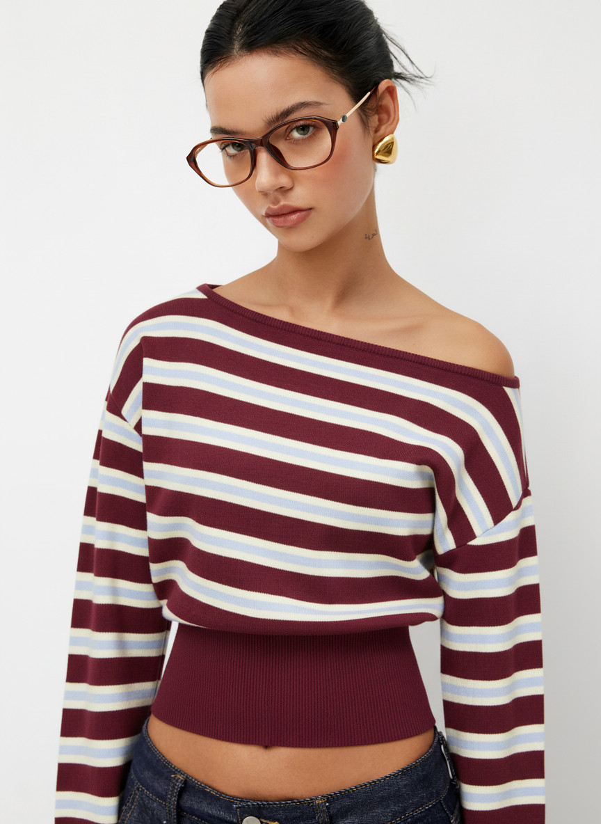 Knit Fabric Knit Asymmetrical Neck Striped Sweater For School Work | Cider