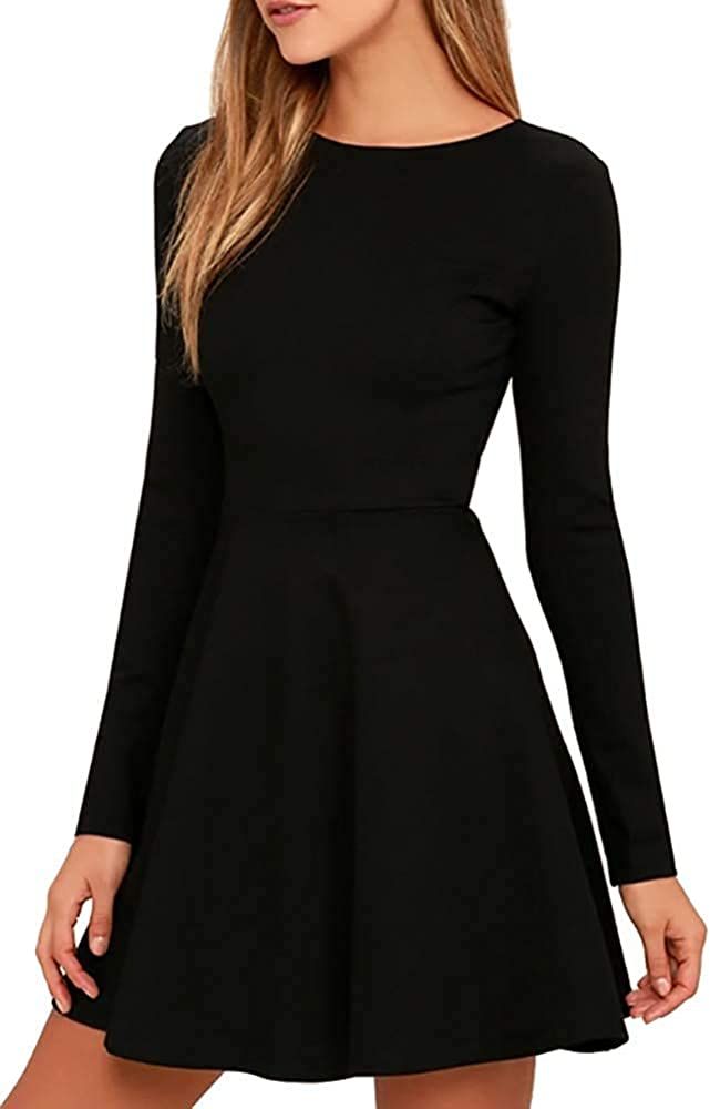 Jusfitsu Womens Long Sleeve Dress Casual Simple Dresses A-Line Knee Length Skirt Slim Fit Skater ... | Amazon (US)