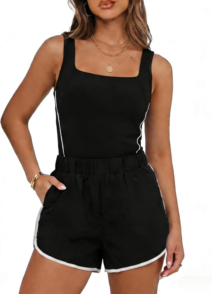 Chunpin Women's Rompers 2026 Athletic Jumpsuits Square Neck Sleeveless Shorts Romper with Pockets... | Amazon (US)