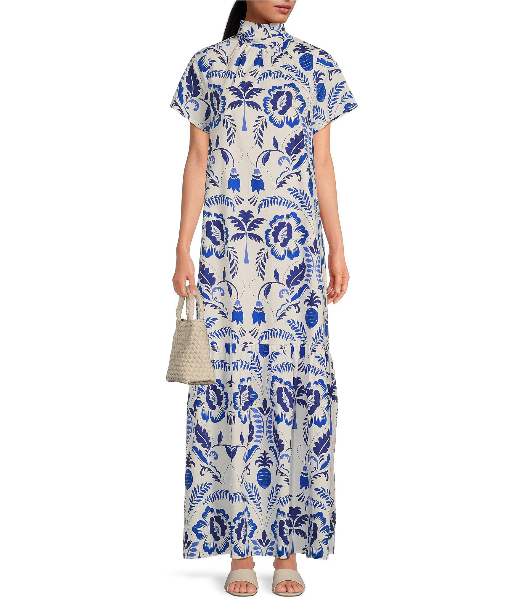 Floral Print Mock Neck Short Sleeve Maxi Dress | Dillard's
