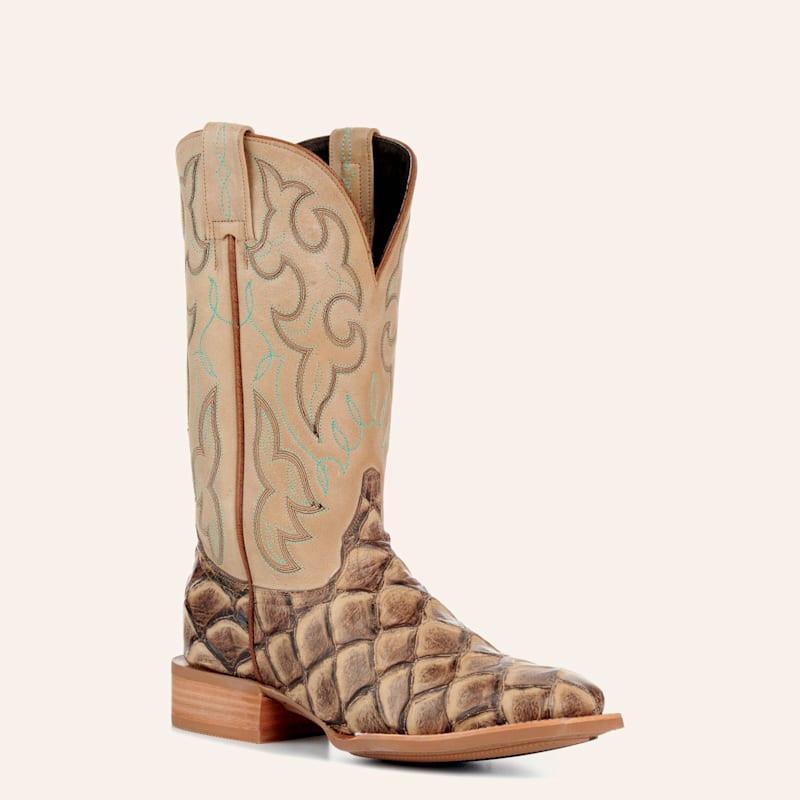 Cavender's Women's Intrepid Sand Pirarucu Print and Cream Wide Square Toe Cowboy Boots | Cavender's
