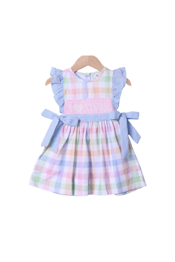 Smocked I Love Mama Pastel Plaid Bow Dress | The Smocked Flamingo