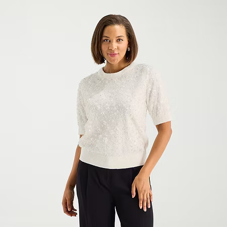 Liz Claiborne Womens Crew Neck Short Sleeve Pullover Sweater, Petite Small, White | JCPenney