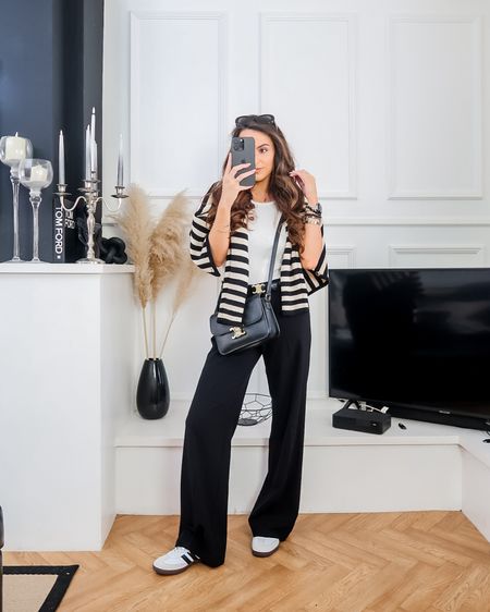 ways to wear a striped cardigan, hm cardigan, old money style, black and white striped, monochrome outfit, black and white outfits, cardigan gold buttons, classic style, simple styling, white ribbed vest top, white tank top, adidas samba, sambas outfit, celine sunglasses 

#LTKworkwear #LTKstyletip #LTKeurope