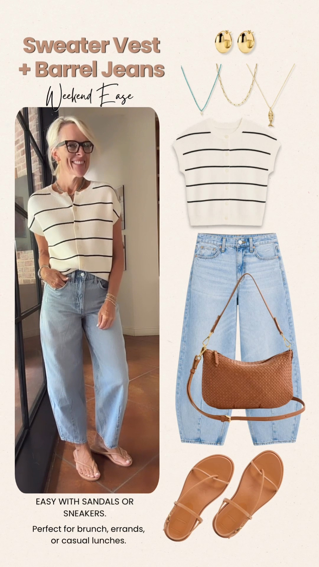 This sweater vest and barrel-leg jean combination is such an easy weekend look. I love the relaxed proportions with simple sandals, it feels polished enough for lunch but comfortable enough for errands and everyday plans.

💡 LTK MADE EASY
❤️ Heart = Support my posts!
🔖 Save = Get sale & restock alerts
📋 Lists = Keep favorites organized
📲 Share = Send lists and products to a friend. Hello, Christmas List!
💬 Comment = Ask me anything about what I’m wearing. :-)

#LTKootd #LTKOver40 #LTKgrwm