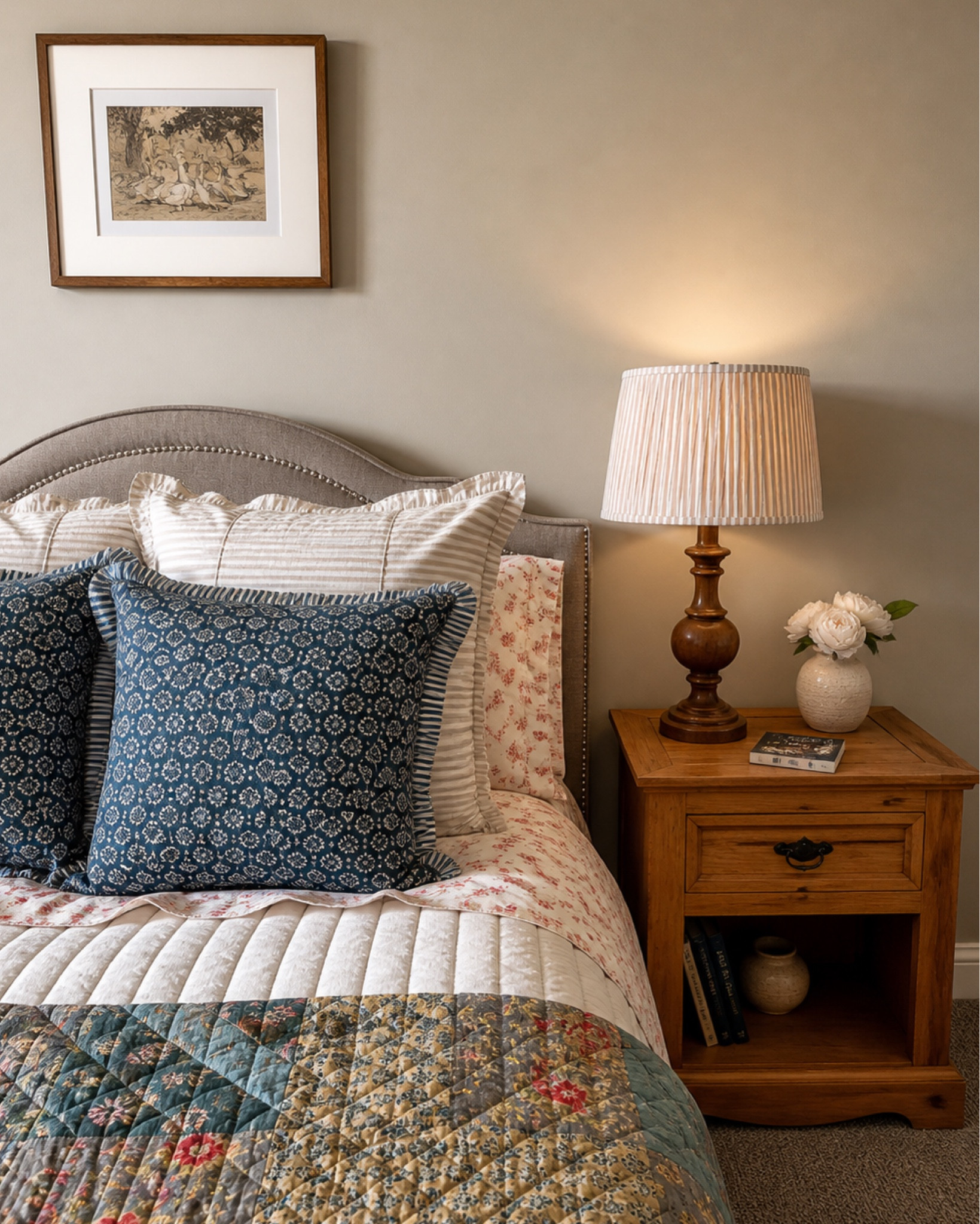 By changing out sheets and pillows you can transform the look of a bedroom! Just add art and a fun lampshade and you are set! 
#bedroom #sheets #lampshade #art