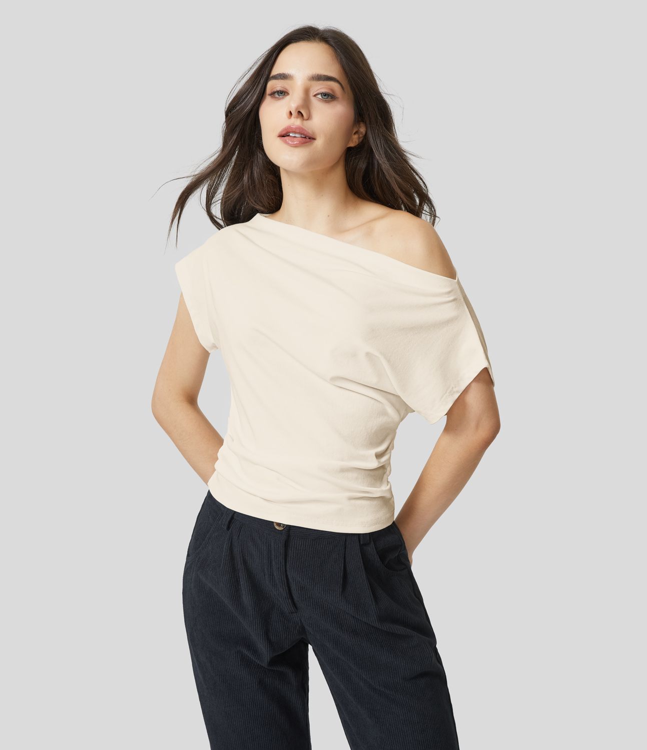 Women’s Off Shoulder Short Sleeve Ruched Casual Cotton Top - Halara | HALARA