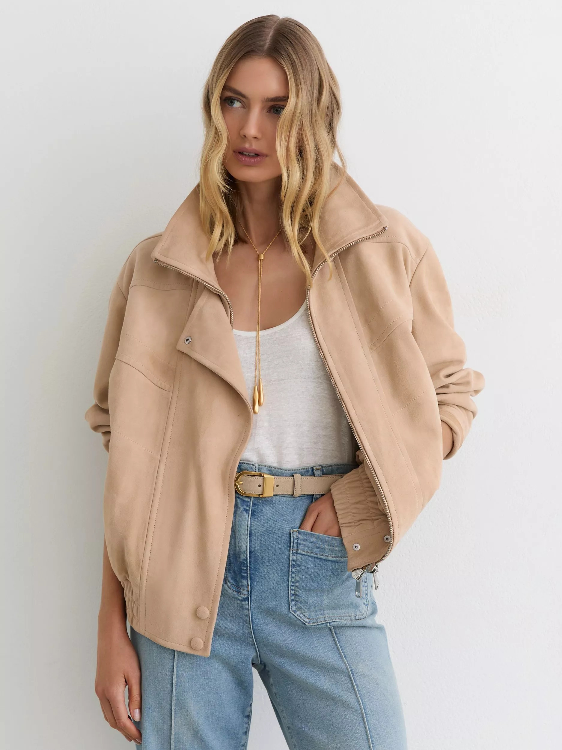 Reiss Petra Textured Leather Oversized Jacket, Neutral | John Lewis (UK)