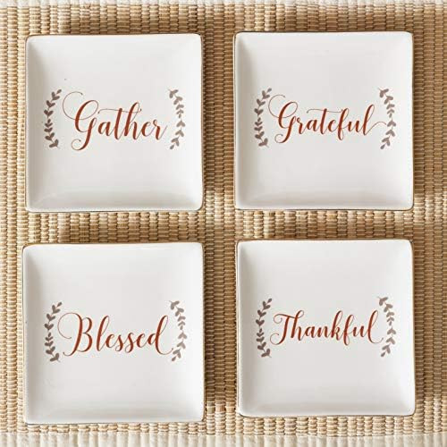 Gather Thankful Grateful Blessed Square White 5 x 5 Ceramic Plates Set of 4 | Amazon (US)
