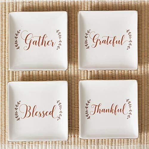 Gather Thankful Grateful Blessed Square White 5 x 5 Ceramic Plates Set of 4 | Amazon (US)