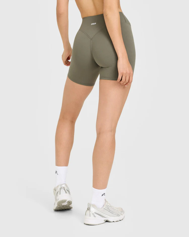 SoftMotion™ High Waisted Shorts 6" with White Logo 
 Alpine Green | Oner Active (UK / US)