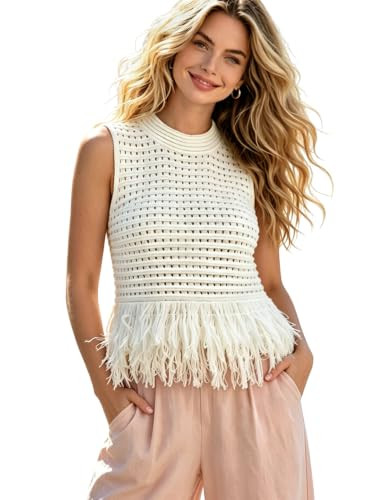 Womens Crochet Fringe Sweater Vest Top, Sleeveless Crew Neck Open Knit Boho Crochet Crop Top for ... | Amazon (US)