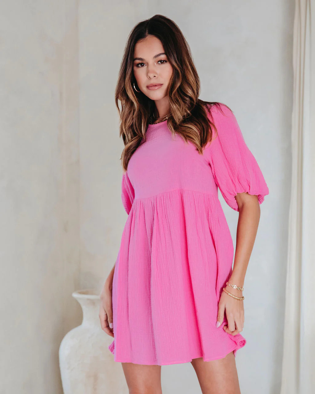 Such A Breeze Cotton Puff Sleeve Babydoll Dress - Pink | VICI