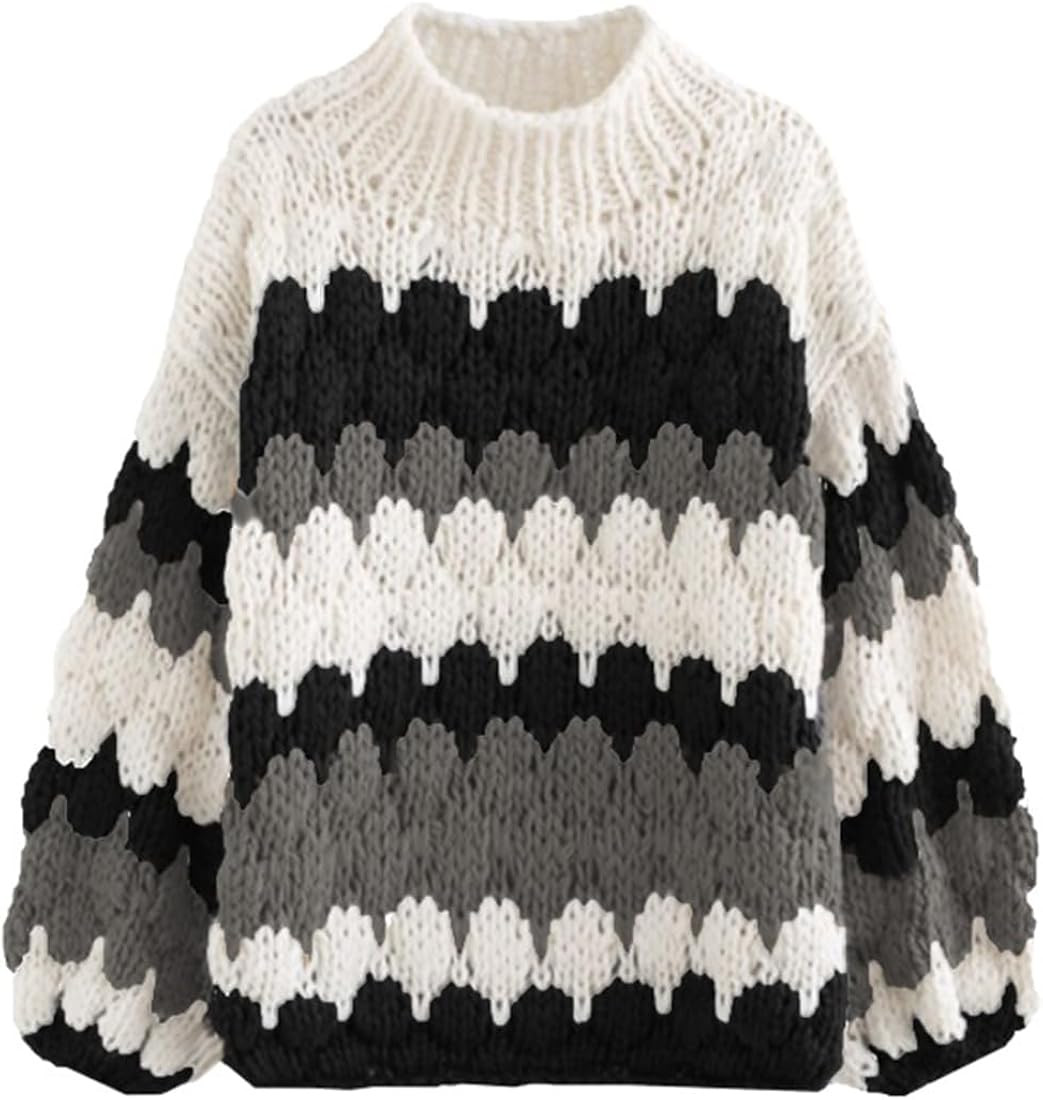 ZAFUL Womens Cute Sweaters Trendy 2024 Color Block Pullover Sweater Cable Knit Jumper Tops | Amazon (US)