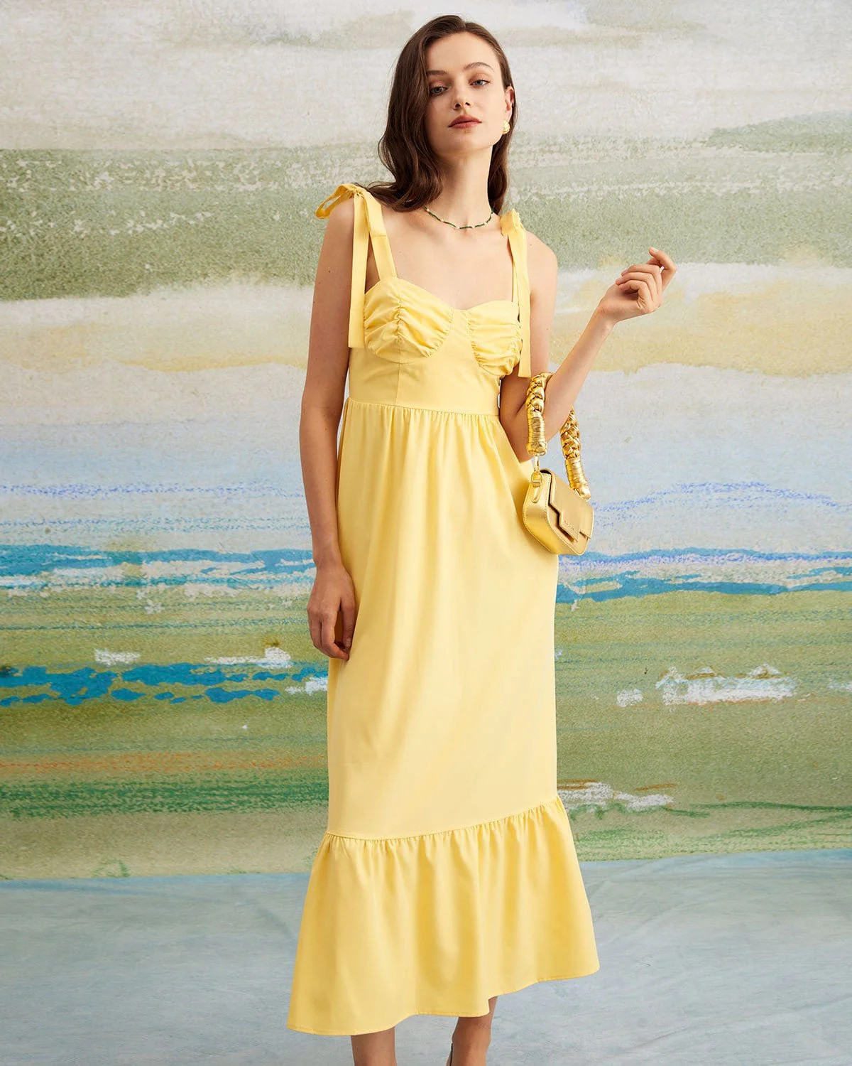 The Yellow Tie Shoulder Ruched Maxi Dress & Reviews - Yellow - Dresses | RIHOAS | rihoas.com