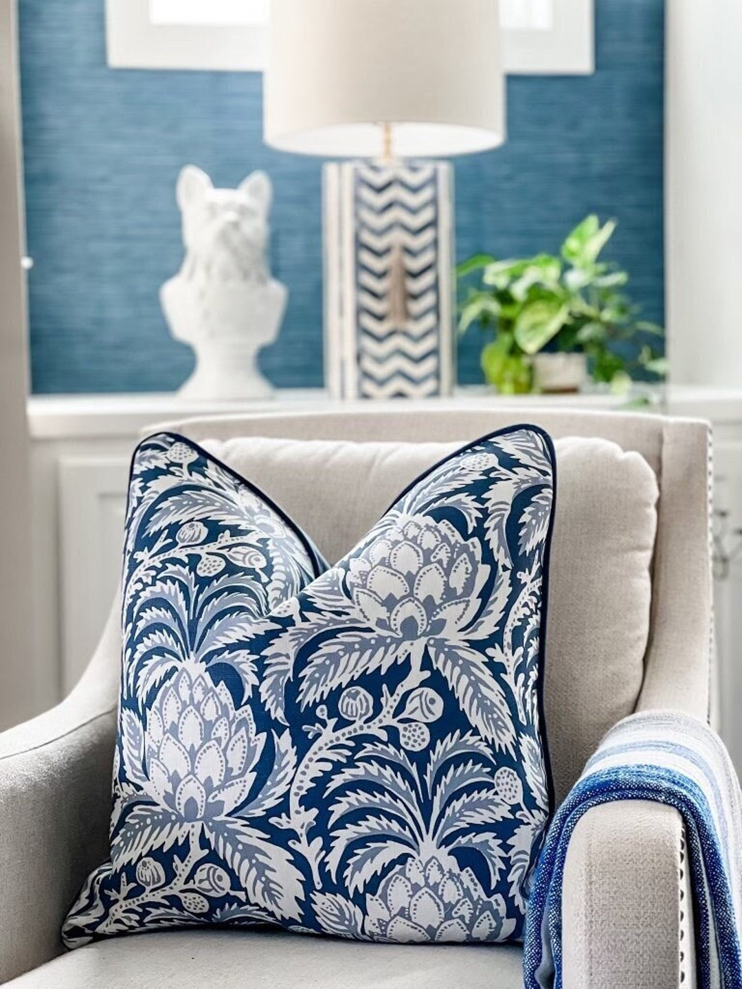 Serena & Lily Vintage Indigo Artichoke Pillow Cover, Coastal Grandmillenial English Botanical Flo... | Etsy (US)