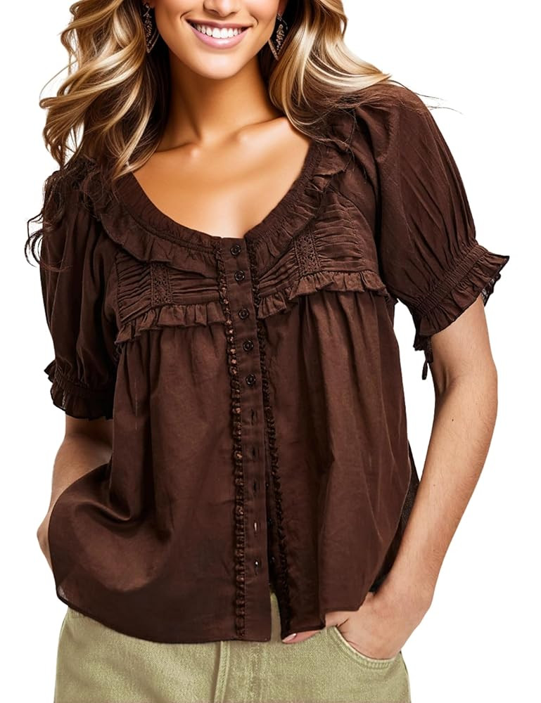 Womens 2025 Summer Trendy Ruffled Top Shapeless Billowy Tunic Swing Blouse with Puff Sleeve | Amazon (US)