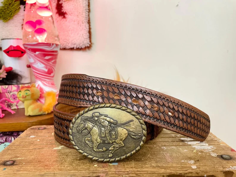 Vintage 80s Tooled Basket Weave Brown Leather Western Belt W/ Pony Express Rider Belt Buckle Sz 4... | Etsy (US)