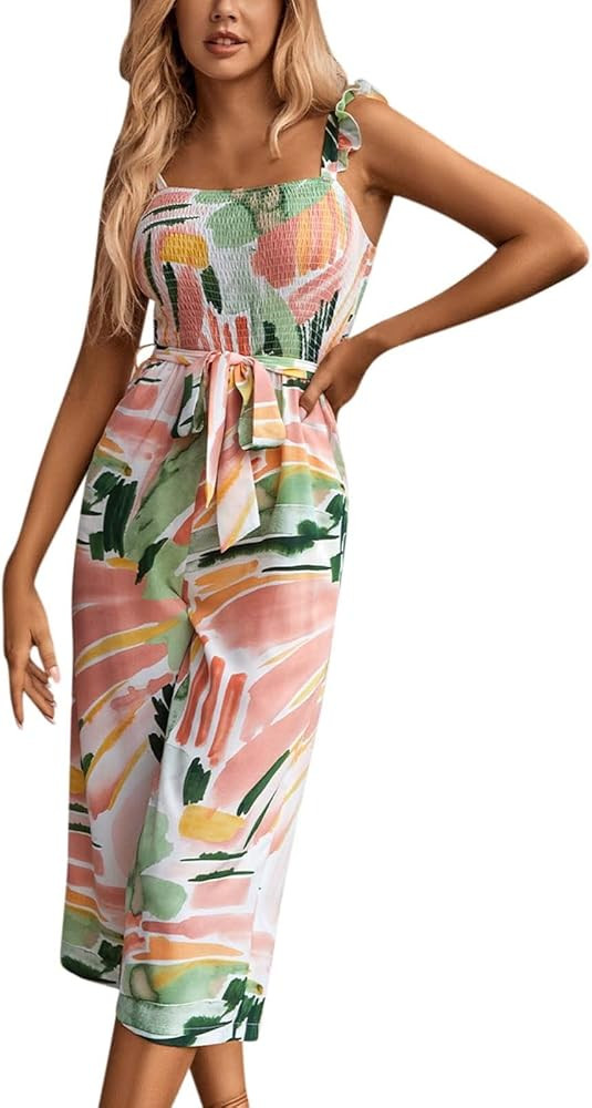 Women Fashion Trend Flying Sleeve Belt Broken FFower and Pull Jumpsuit Winter Rompers Women Dress... | Amazon (US)