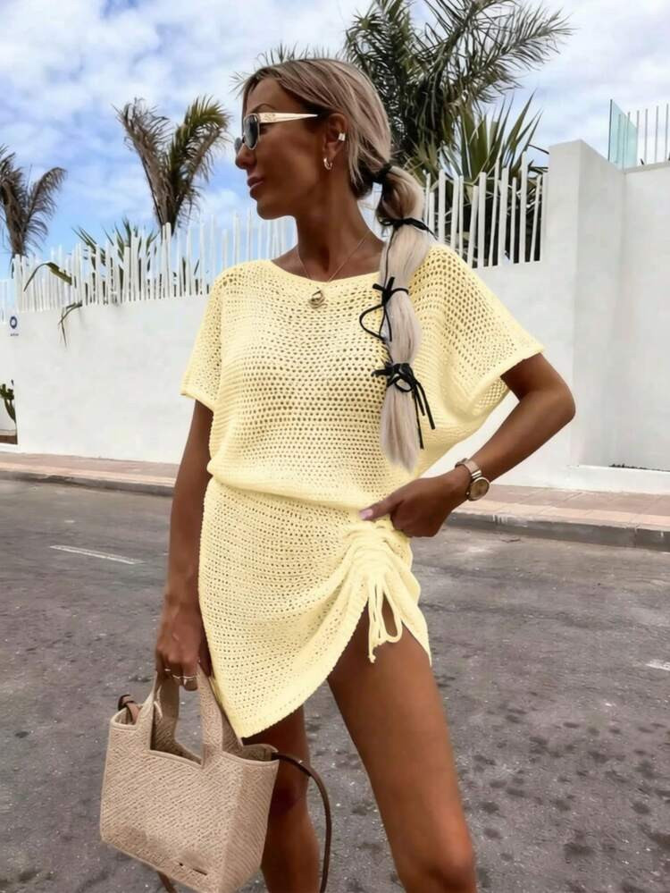 Women's Knit Cover Up Dress, Fashionable Loose Casual Short Sleeve Crew Neck Knit Cover Up, 2026 Spring/Summer New Arrival, With Drawstring Adjustable, Regular Length, Semi-Sheer Lightweight, Suitable For Beach, Pool, Casual Vacation, Independence Day, Summer Beach Outfit, Summer Clothing Matching | SHEIN