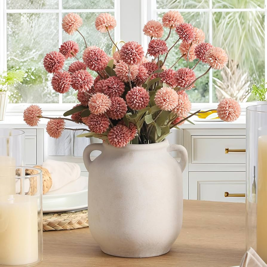 Ceramic Flower Vase Home Decor - 7.6 Inch Farmhouse Rustic White Table Vases with Handle Living R... | Amazon (US)