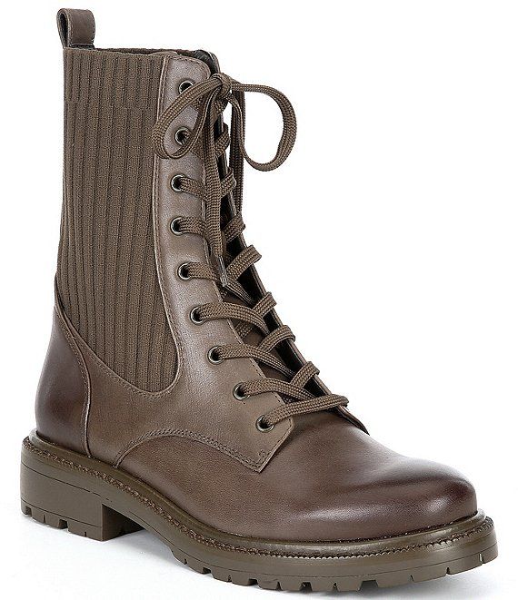 Lydell Leather And Ribbed Knit Lug Sole Combat Sock Booties | Dillards