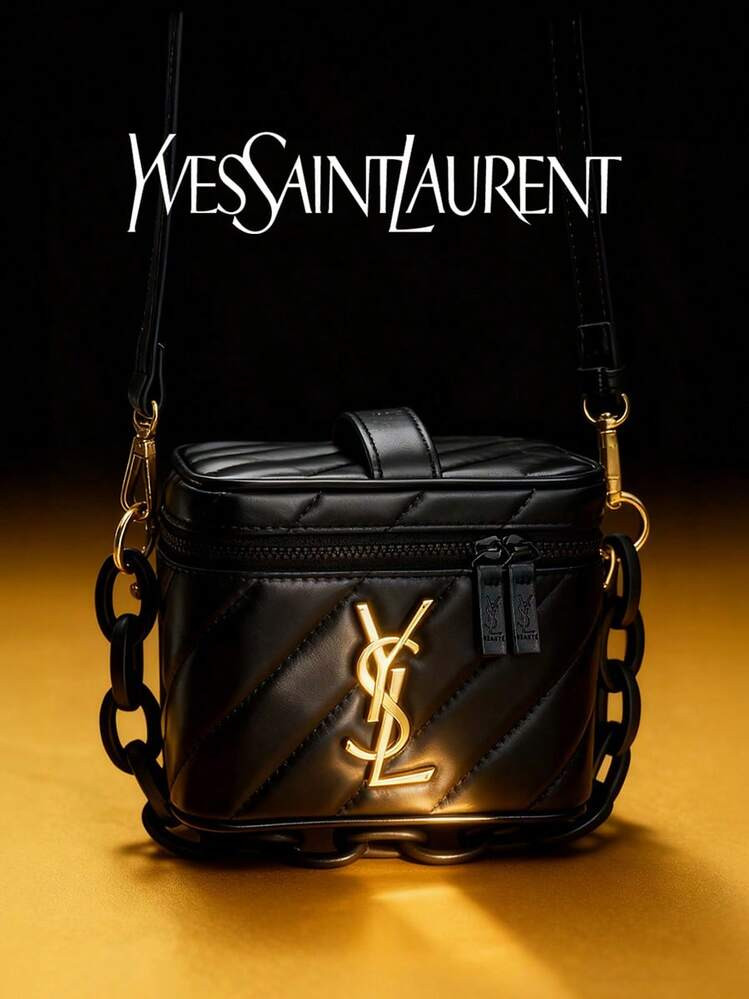 Yves Saint Laurent Bolso De Hombro Cuadrado Negro Para Mujer De YSL, Regalo De Navidad Para Mujer Con Logotipo Dorado Para Uso Diario Y Casual | SHEIN