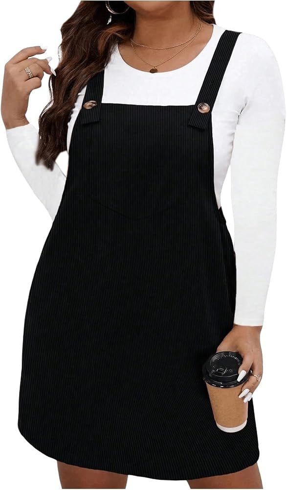 WDIRARA Women's Plus Size Corduroy Sleeveless Short Pinafore Overall Dress with Pocket | Amazon (US)