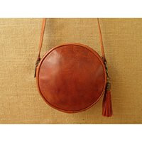 Round Leather Bag, Women Crossbody Double Zippered Circle Purse, Handmade Handbag | Etsy (US)