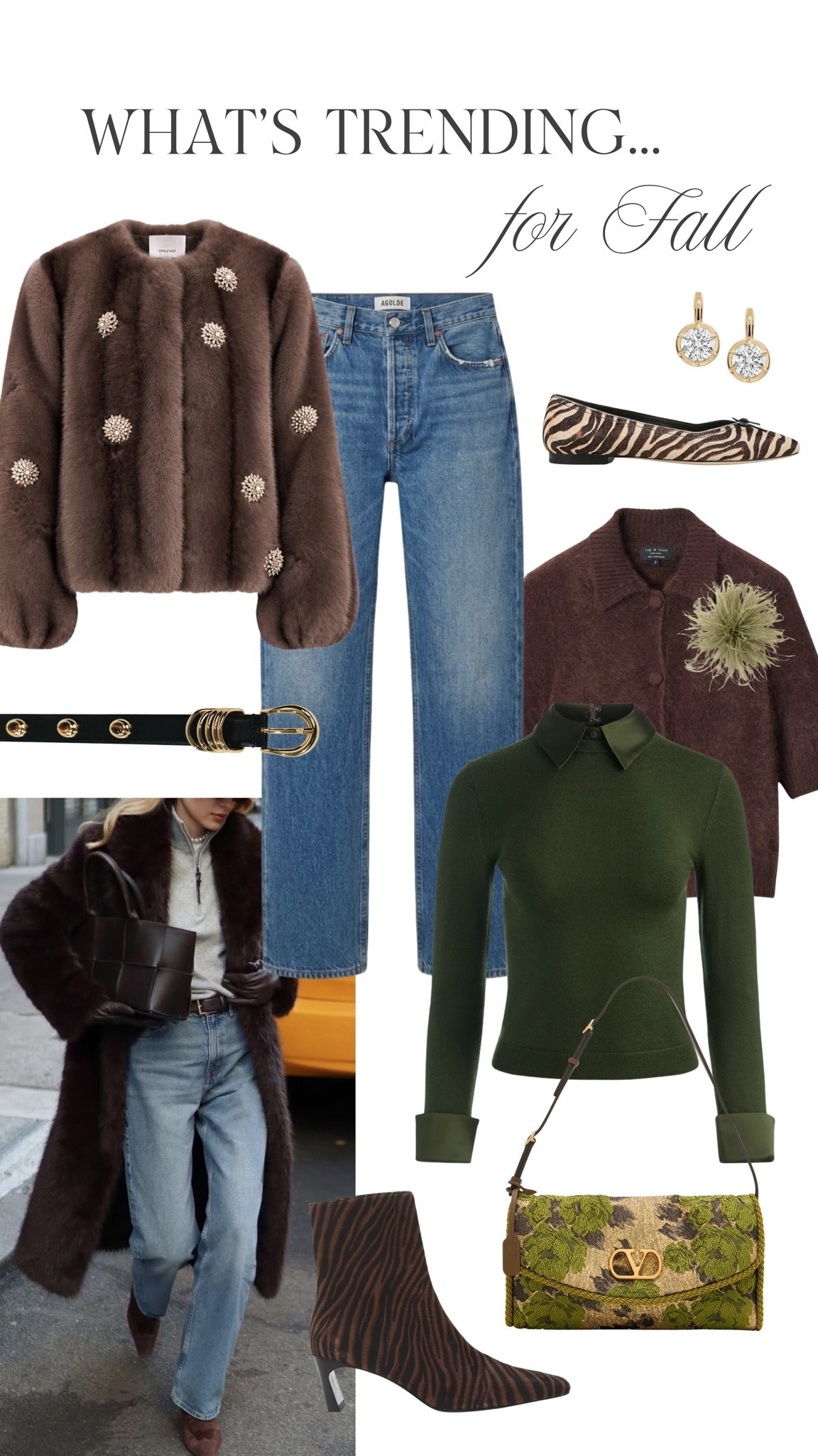 Now trending for fall … greens, brocade, zebra, slim-straight denim, and fur 🤍