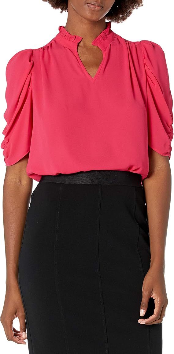 Amazon Brand - Lark & Ro Women's Georgette Half Sleeve Ruffle Neck Woven Blouse | Amazon (US)