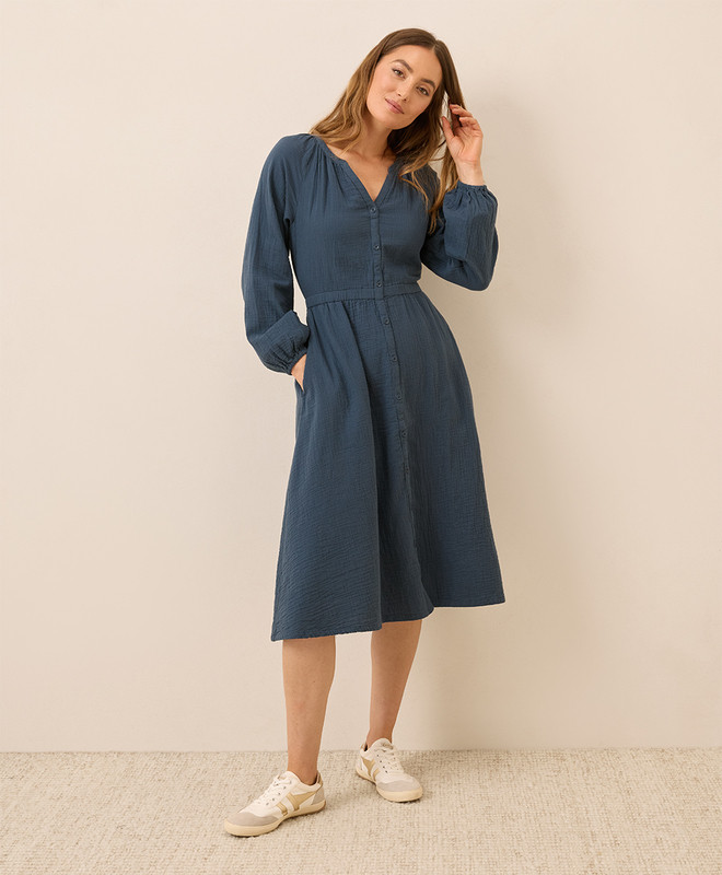 Women’s Coastal Double Gauze Poet Sleeve Dress made with Organic Cotton | Pact | Pact Apparel