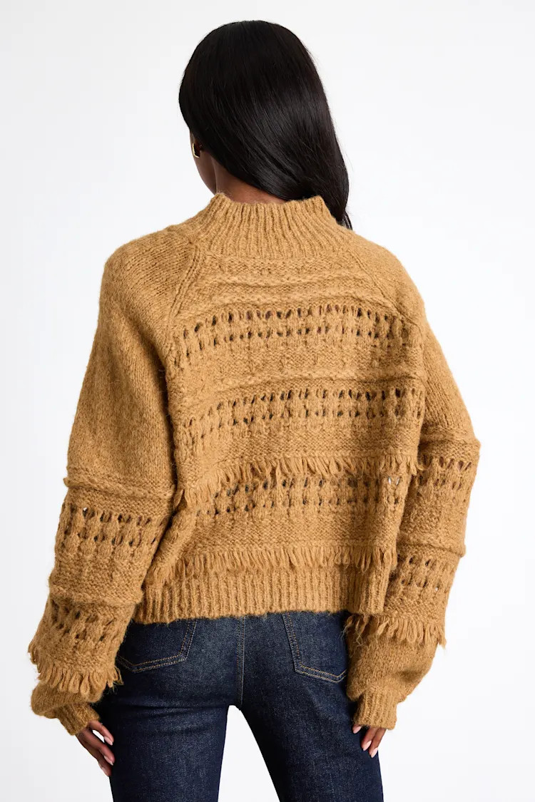 Bellwyn Light Brown Fringe Chunky Mock Neck Sweater | Lulus