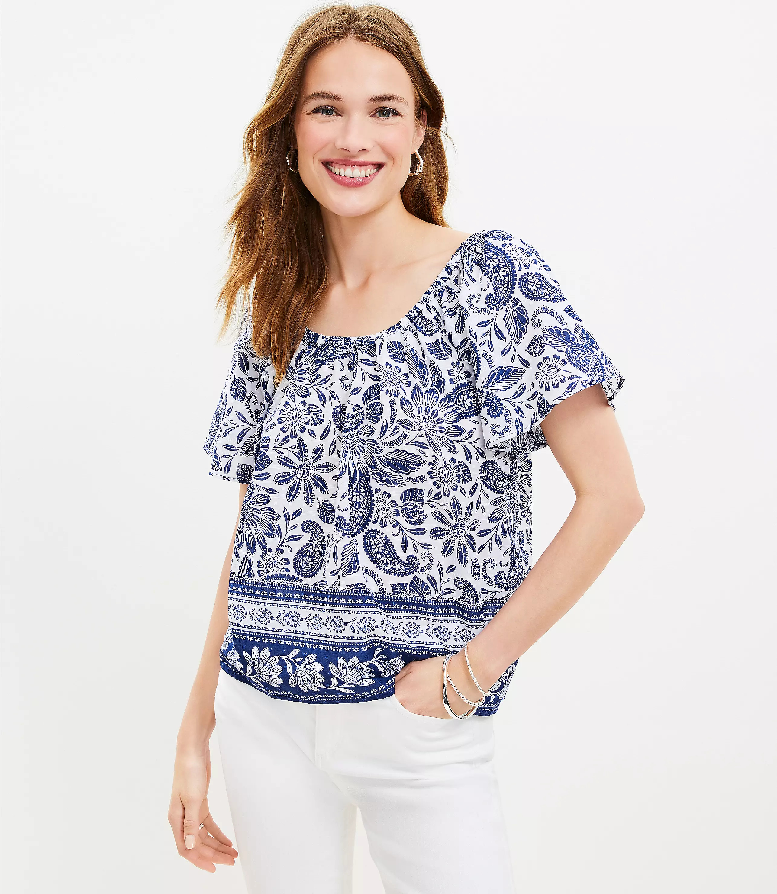 Paisley Flutter Sleeve Scoop Neck Top | LOFT