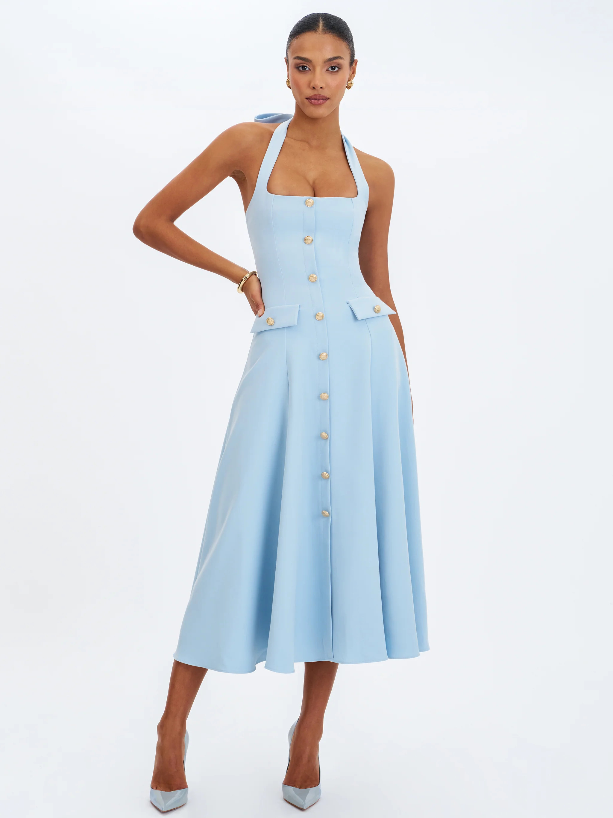 Gillian Mist Blue Halter A-Line Midi Dress | Miss Circle
