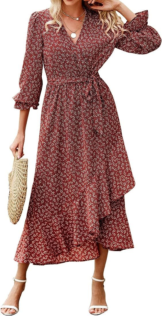 BTFBM Women Long Sleeve Wrap Maxi Dress V Neck Boho Floral High Waist Flowy Ruffle 2023 Summer Fa... | Amazon (US)