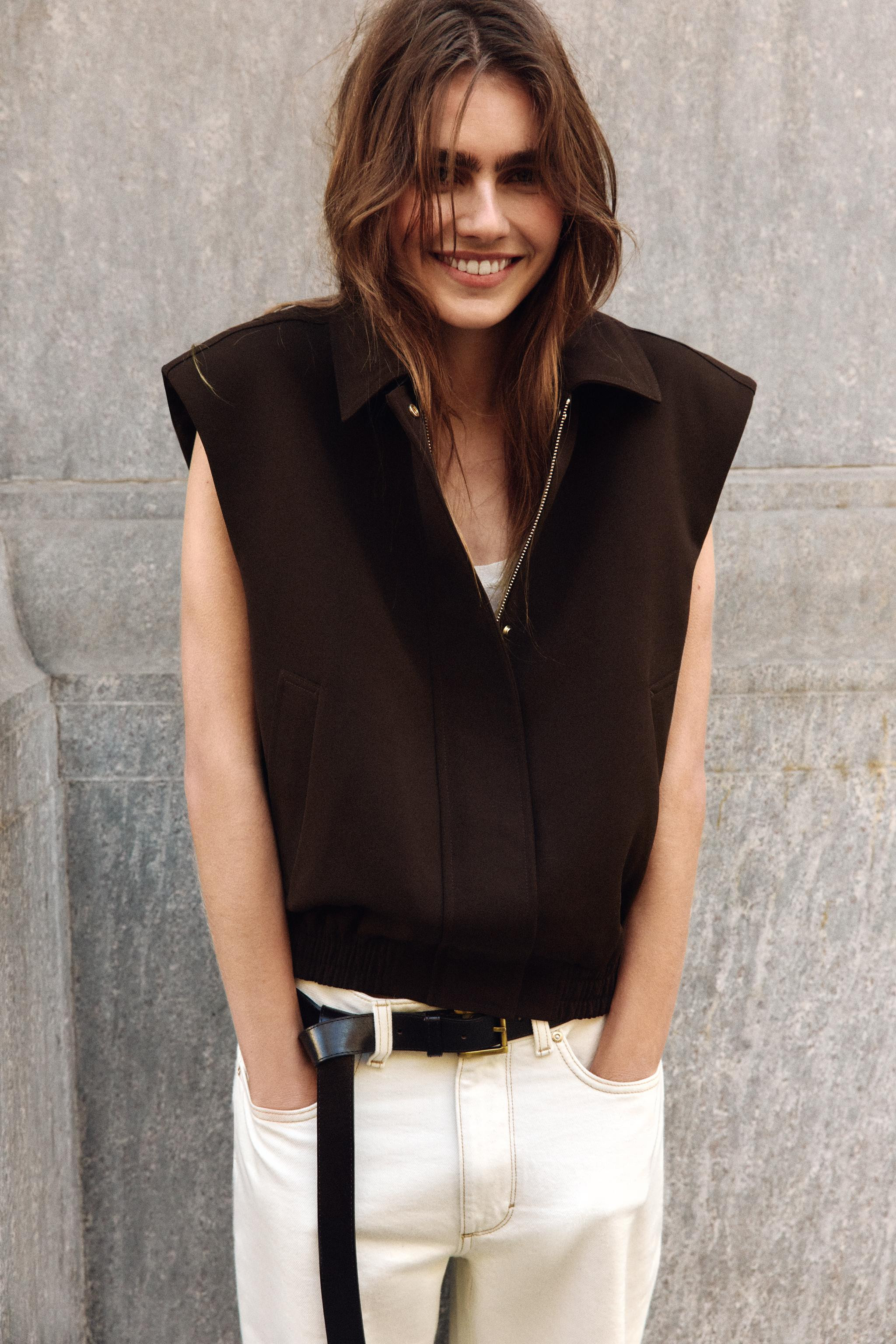 GILET WITH SHOULDER PADS AND ELASTIC HEM | Zara US