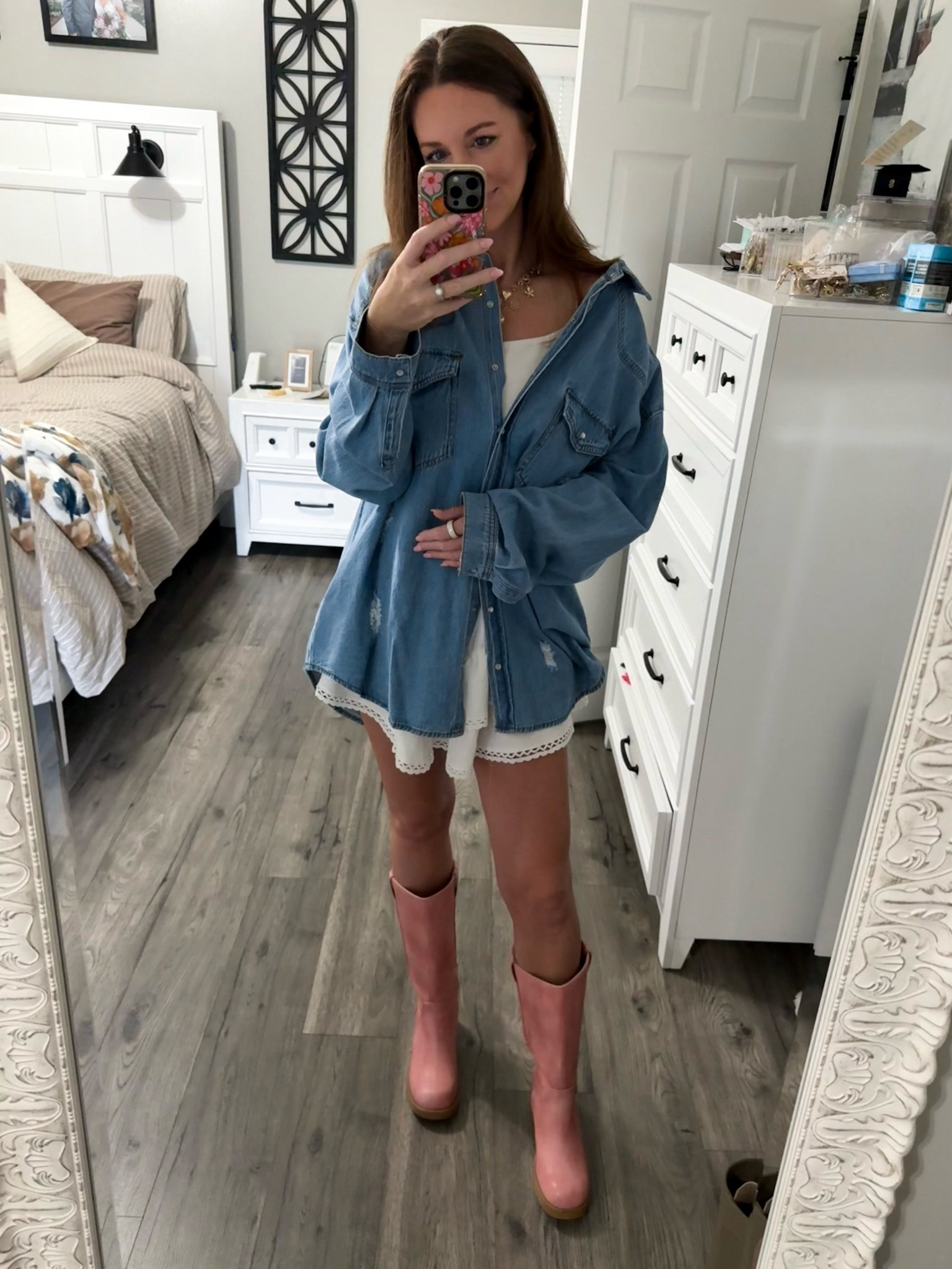 In the right denim a girl can conquer the world 🤍✨ 

These boots are EVERYTHING! I bought the tan ones last year and found out they released pink ones! They are a MUST HAVE! 

Also found this distressed denim shirt at a local boutique but did tag a few similar options! 

Size reference:
5’7” (waist 27.5, hips 37, inseam 30”)
Wearing a medium in tank & skort.
Size XL in denim top.
Size 8 in shoes (TTS)



#LTKMidsize #LTKootd #LTKmomlife