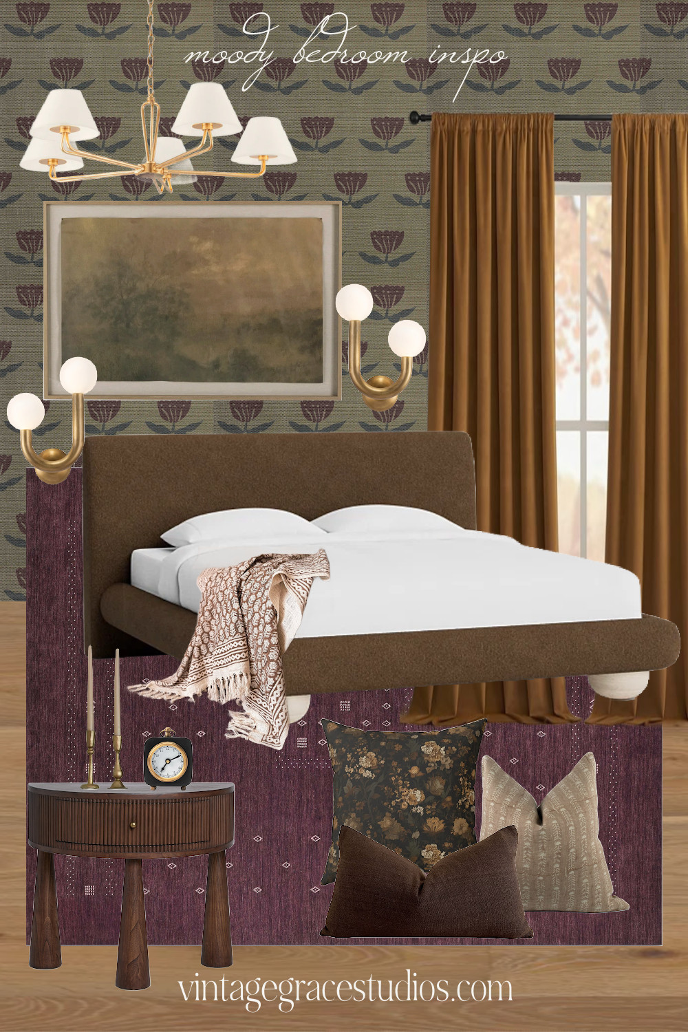 Obsessing over this moody bedroom inspo! 

Dark moody bedroom, moody master bedroom, bedroom mood board, wallpaper, bed frame, chandelier, sconces, wall art, curtains, throw blanket, throw pillows, area rug, nightstand, candlesticks, candlestick holder, small clock  

 #LTKHome