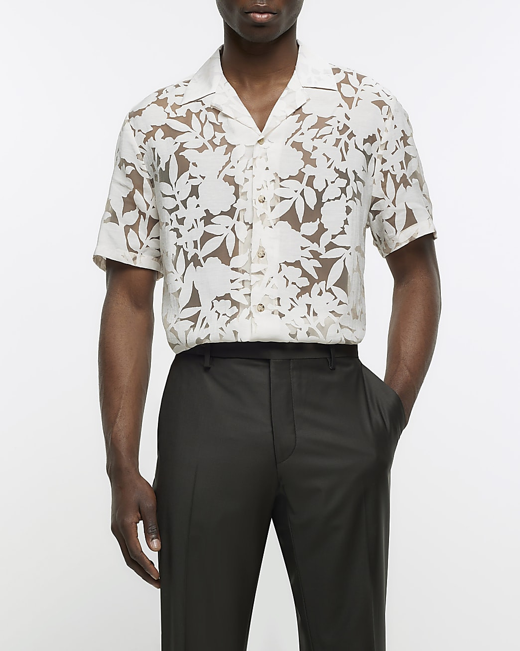Stone regular fit burnout leaf print shirt | River Island (UK & IE)