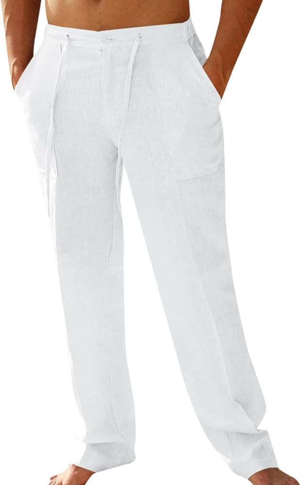 PASLTER Mens Casual Linen Pants Loose Fit Elastic Drawstring Waist Straight-Legs Summer Yoga Beac... | Amazon (US)