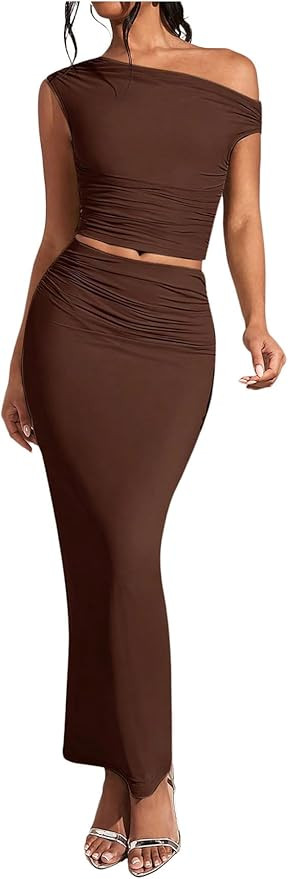 WDIRARA Women's 2 Piece Outfits Floral Print One Shoulder Crop Top Bodycon Ruched Maxi Skirt Set | Amazon (US)