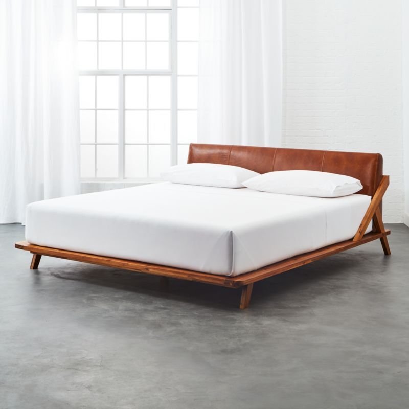 Drommen Acacia Modern King Bed with Leather Headboard + Reviews | CB2 | CB2