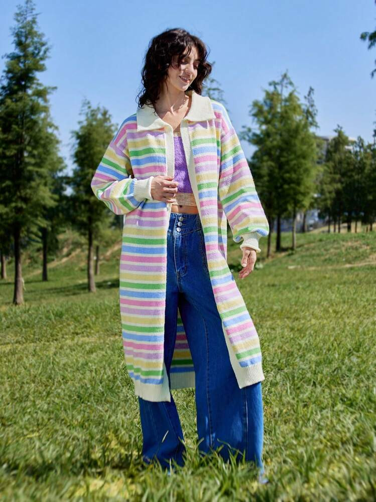 Skyraze Colorful Striped Vintage Casual Loose Long Knit Cardigan For Women Cute Outfits Geometric... | SHEIN