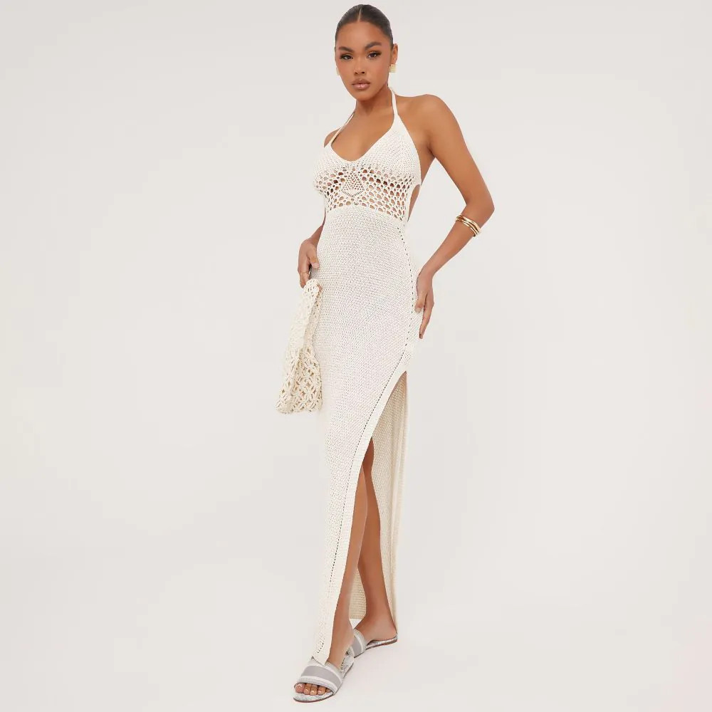 Halterneck Plunge Cut Out Detail Split Side Maxi Dress In Stone Crochet Knit | EGO (UK)